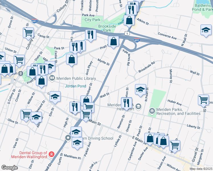 map of restaurants, bars, coffee shops, grocery stores, and more near 684 U.S. 5 in Meriden