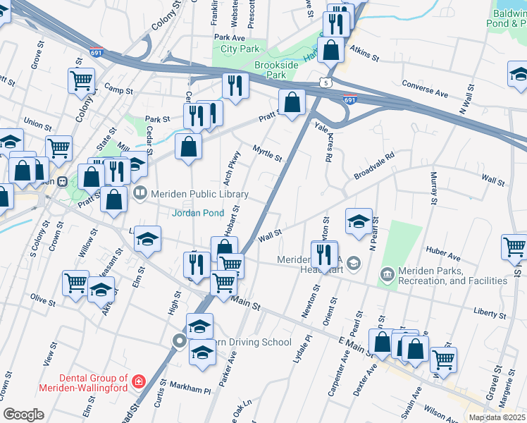 map of restaurants, bars, coffee shops, grocery stores, and more near 684 U.S. 5 in Meriden