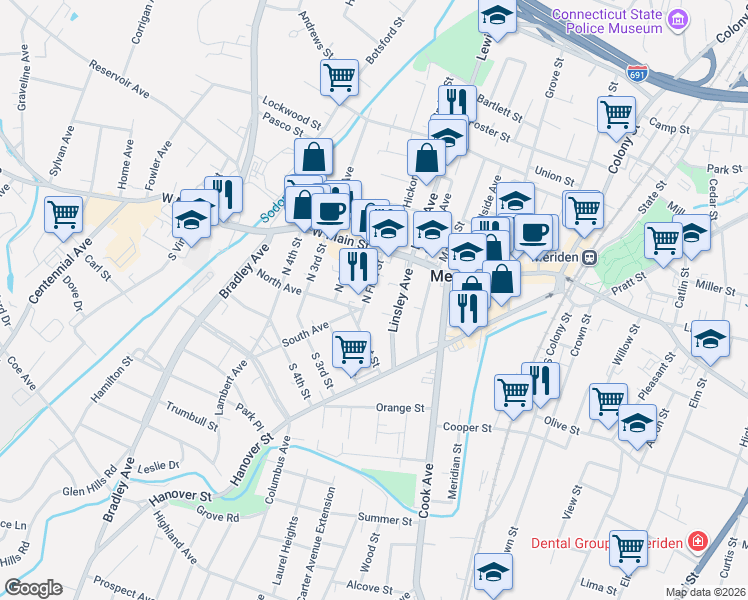 map of restaurants, bars, coffee shops, grocery stores, and more near 27 Linsley Avenue in Meriden