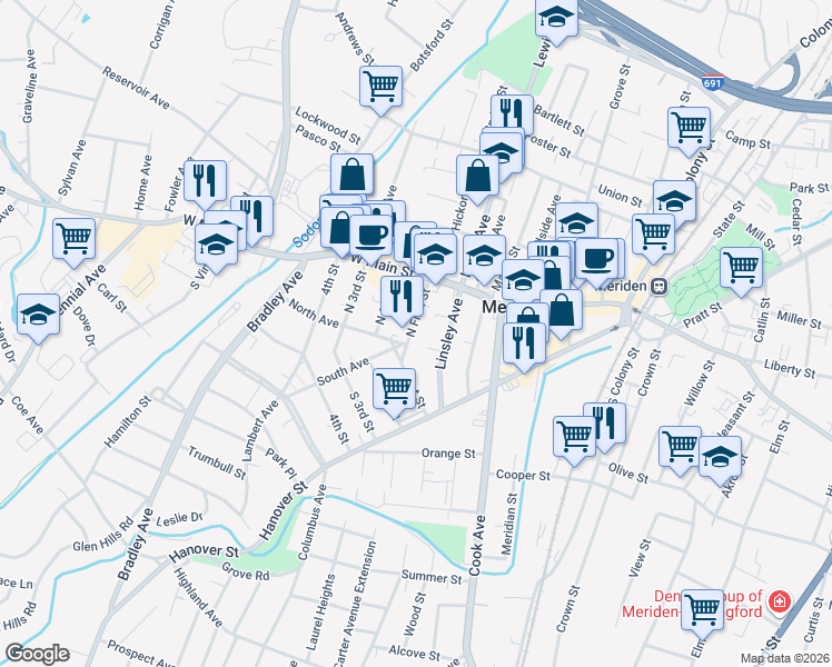 map of restaurants, bars, coffee shops, grocery stores, and more near 46 North 2nd Street in Meriden