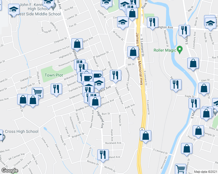 map of restaurants, bars, coffee shops, grocery stores, and more near 1448 Bank Street in Waterbury