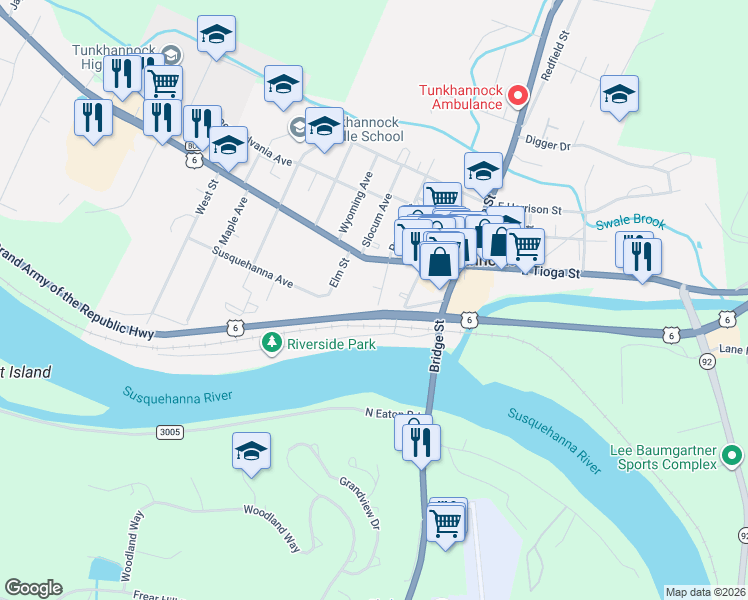 map of restaurants, bars, coffee shops, grocery stores, and more near 35 Putnam Street in Tunkhannock