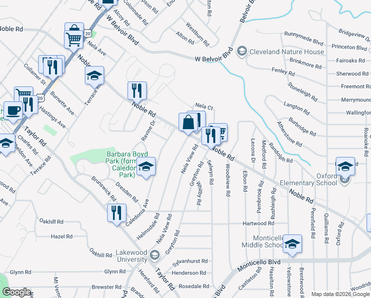 map of restaurants, bars, coffee shops, grocery stores, and more near 2142 Noble Road in East Cleveland