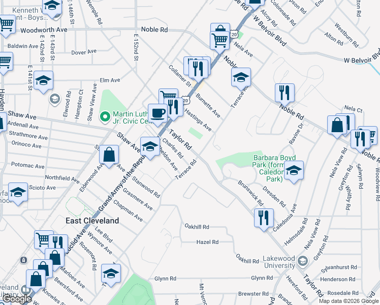 map of restaurants, bars, coffee shops, grocery stores, and more near 1846 North Taylor Road in Cleveland