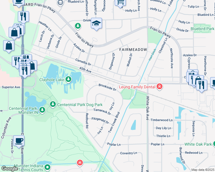 map of restaurants, bars, coffee shops, grocery stores, and more near 1331 Brookside Drive in Munster