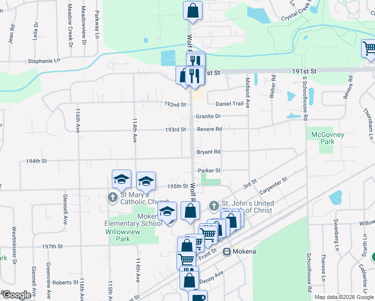 map of restaurants, bars, coffee shops, grocery stores, and more near 19325 Wolf Road in Mokena