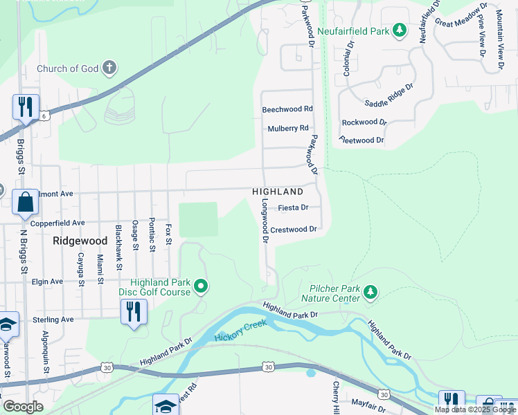 map of restaurants, bars, coffee shops, grocery stores, and more near 2124 Belmont Avenue in Joliet