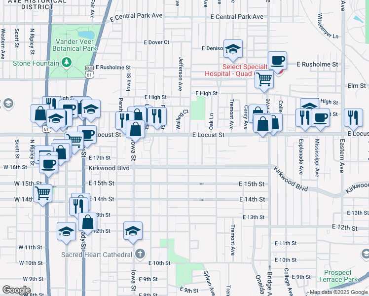 map of restaurants, bars, coffee shops, grocery stores, and more near in Davenport