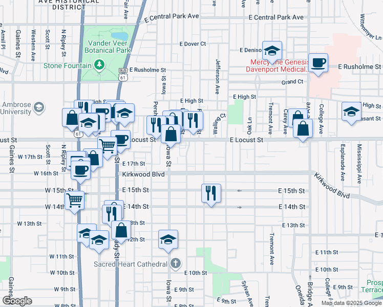 map of restaurants, bars, coffee shops, grocery stores, and more near 506 East Locust Street in Davenport