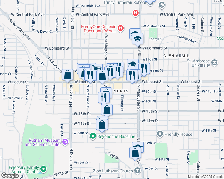 map of restaurants, bars, coffee shops, grocery stores, and more near 1435 Locust Street in Davenport