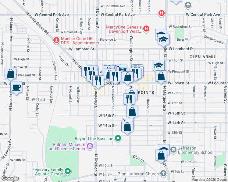 map of restaurants, bars, coffee shops, grocery stores, and more near 1723 North Sturdevant Street in Davenport