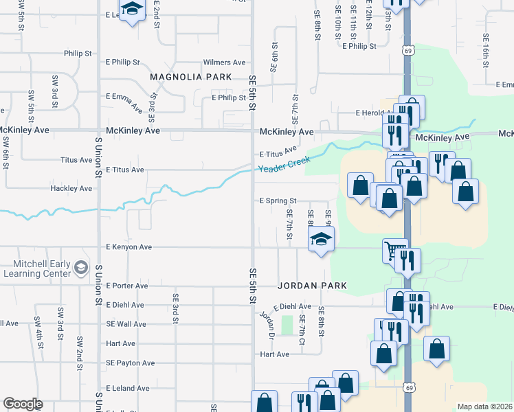 map of restaurants, bars, coffee shops, grocery stores, and more near 502 East Spring Street in Des Moines