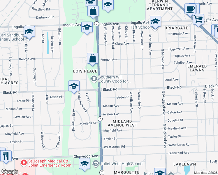 map of restaurants, bars, coffee shops, grocery stores, and more near 807 Westminster Road in Joliet