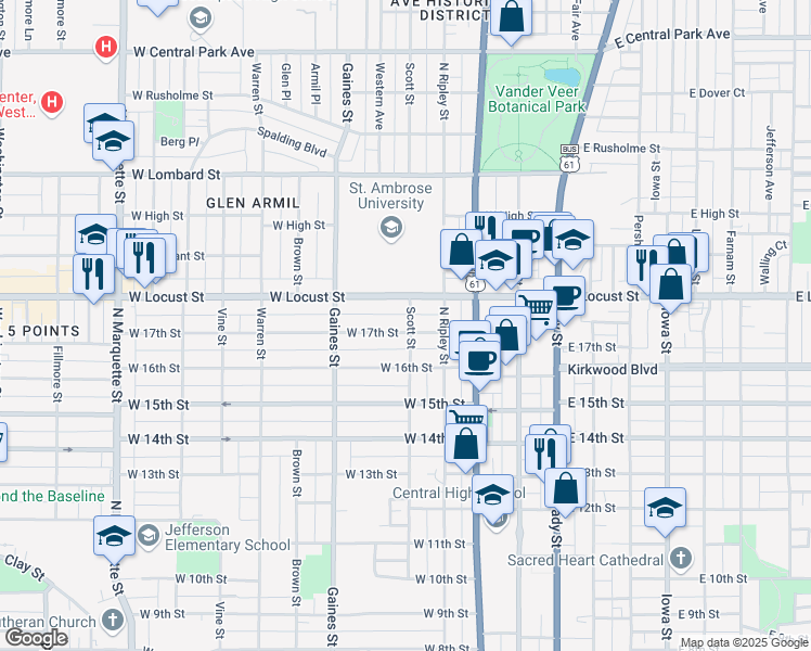 map of restaurants, bars, coffee shops, grocery stores, and more near 502 West 17th Street in Davenport