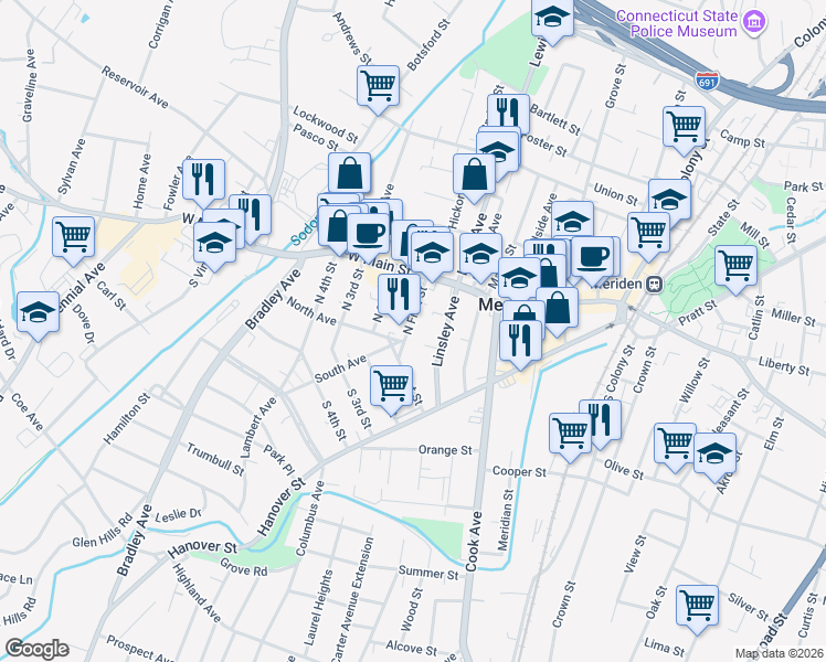 map of restaurants, bars, coffee shops, grocery stores, and more near 46 North 2nd Street in Meriden