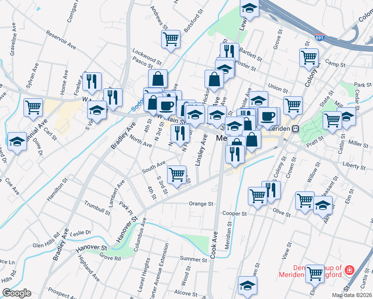 map of restaurants, bars, coffee shops, grocery stores, and more near 46 North 2nd Street in Meriden