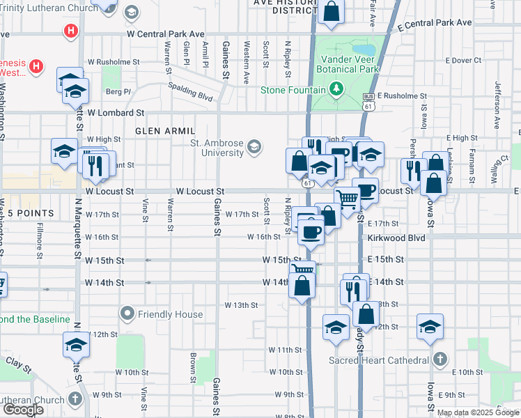 map of restaurants, bars, coffee shops, grocery stores, and more near 508 West 17th Street in Davenport