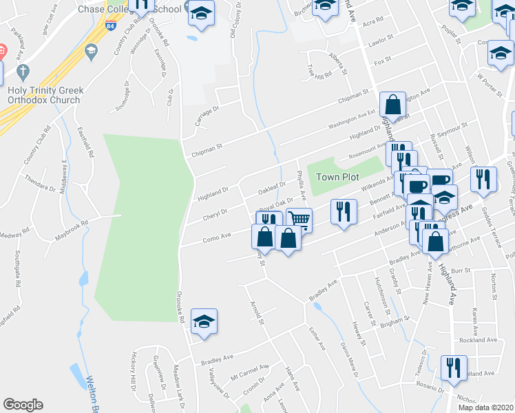 map of restaurants, bars, coffee shops, grocery stores, and more near 19 Royal Oak Drive in Waterbury