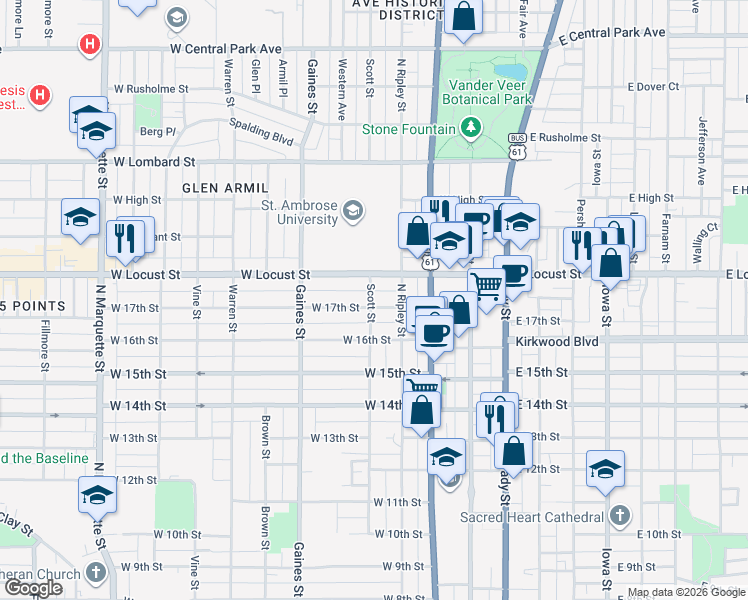 map of restaurants, bars, coffee shops, grocery stores, and more near 430 West 17th Street in Davenport