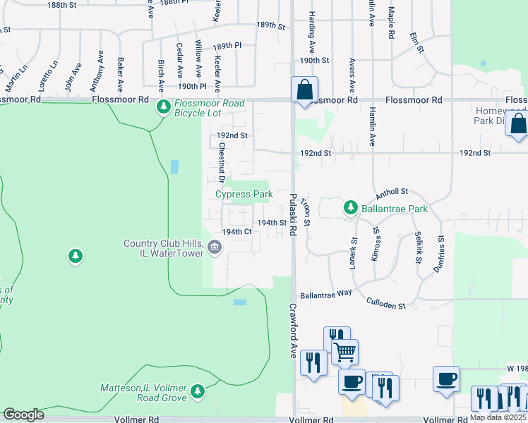 map of restaurants, bars, coffee shops, grocery stores, and more near 19331 Oak Avenue in Country Club Hills
