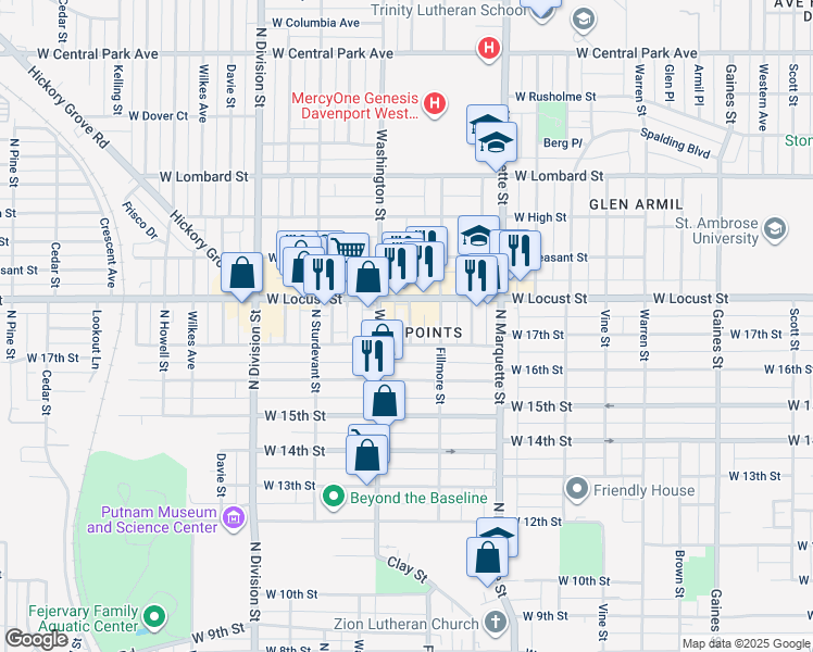 map of restaurants, bars, coffee shops, grocery stores, and more near 1718 Fillmore Lane in Davenport