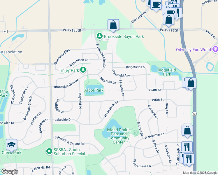 map of restaurants, bars, coffee shops, grocery stores, and more near 7616 Newfield Lane in Tinley Park