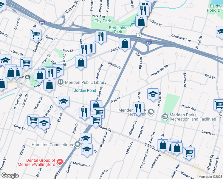 map of restaurants, bars, coffee shops, grocery stores, and more near 666 Broad Street in Meriden