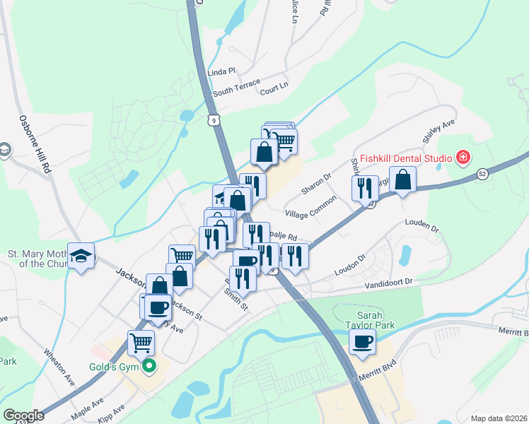 map of restaurants, bars, coffee shops, grocery stores, and more near 132 Village Common in Fishkill