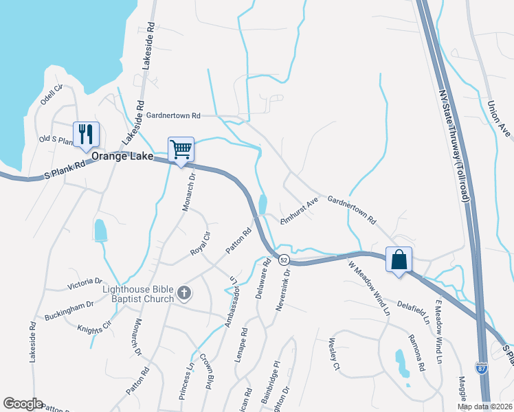 map of restaurants, bars, coffee shops, grocery stores, and more near 388 South Plank Road in Newburgh