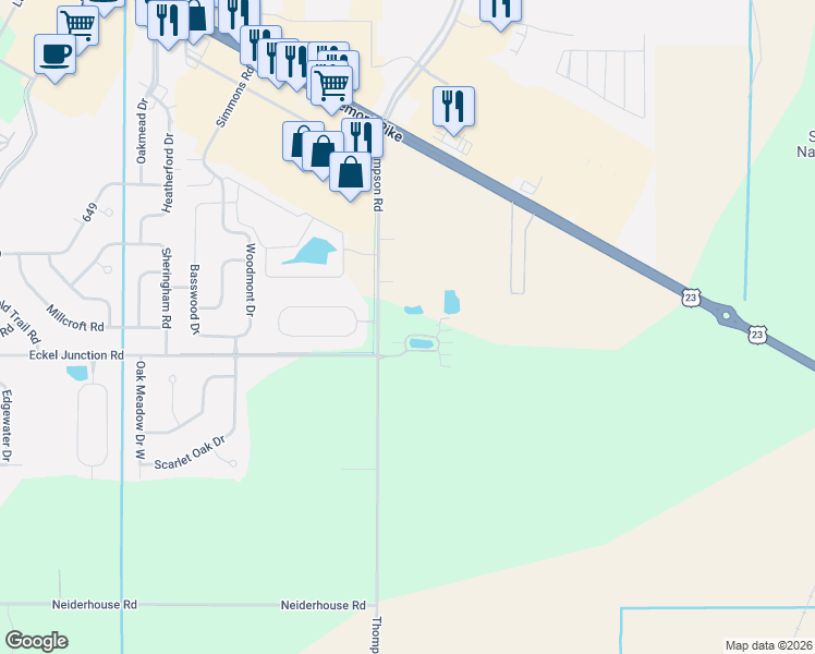 map of restaurants, bars, coffee shops, grocery stores, and more near 26566 Thompson Road in Perrysburg