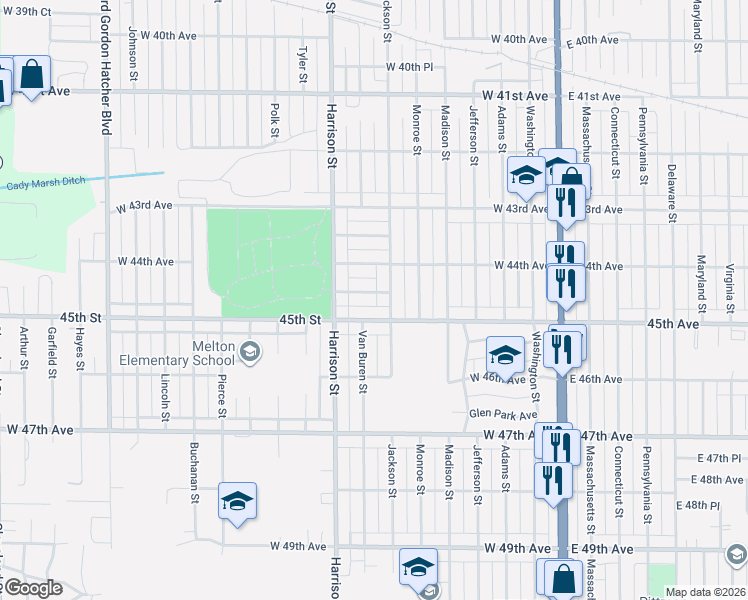 map of restaurants, bars, coffee shops, grocery stores, and more near 656 West 44th Place in Gary