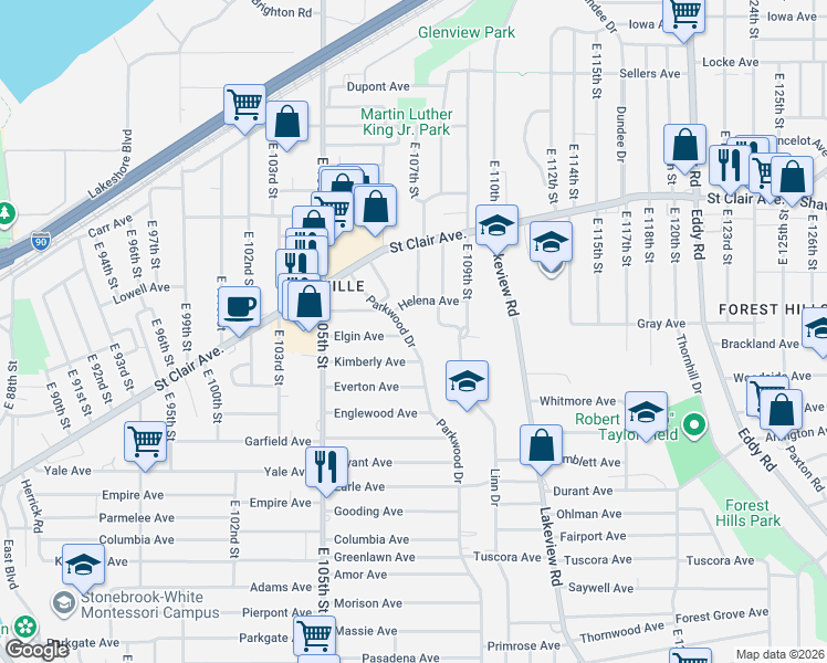 map of restaurants, bars, coffee shops, grocery stores, and more near 10700 Helena Avenue in Cleveland