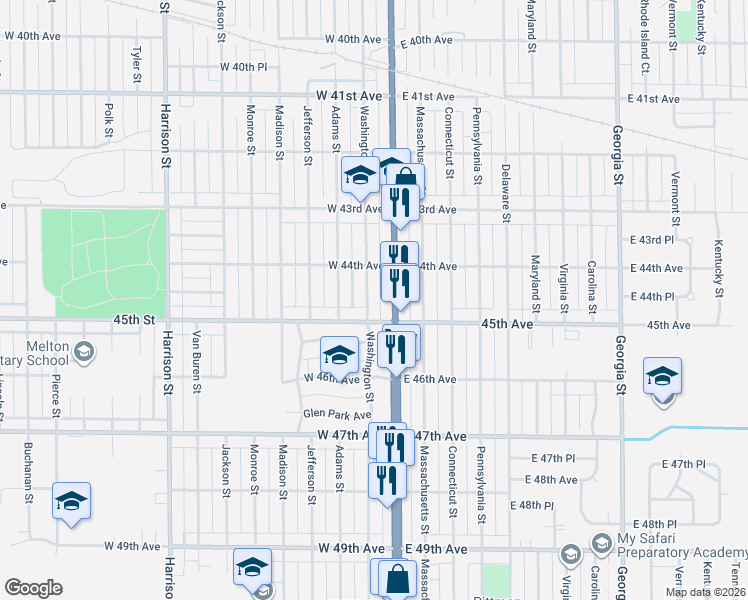 map of restaurants, bars, coffee shops, grocery stores, and more near 4424 Washington Street in Gary