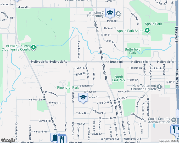 map of restaurants, bars, coffee shops, grocery stores, and more near 213 Lynn Lane in Chicago Heights