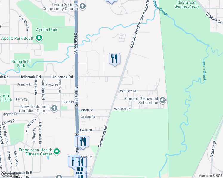 map of restaurants, bars, coffee shops, grocery stores, and more near 19440 Glenwood Road in Chicago Heights