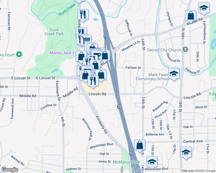 map of restaurants, bars, coffee shops, grocery stores, and more near 1016 Lincoln Road in Bettendorf