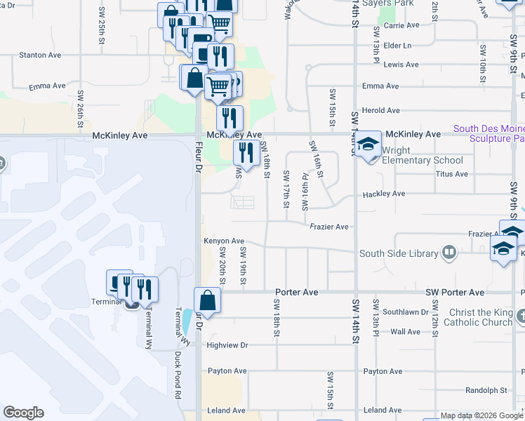 map of restaurants, bars, coffee shops, grocery stores, and more near 5101 Southwest 18th Street in Des Moines