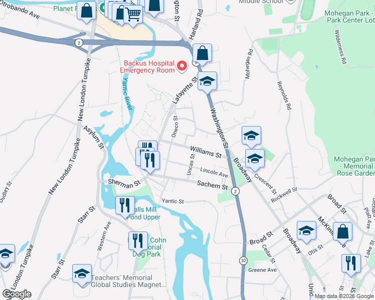map of restaurants, bars, coffee shops, grocery stores, and more near 1 Linden Parkway in Norwich
