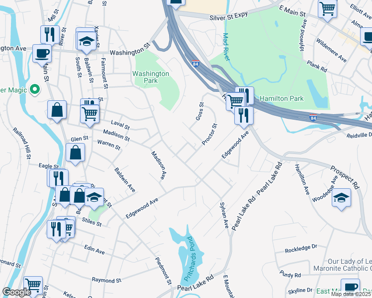 map of restaurants, bars, coffee shops, grocery stores, and more near 91 Golden Hill Street in Waterbury