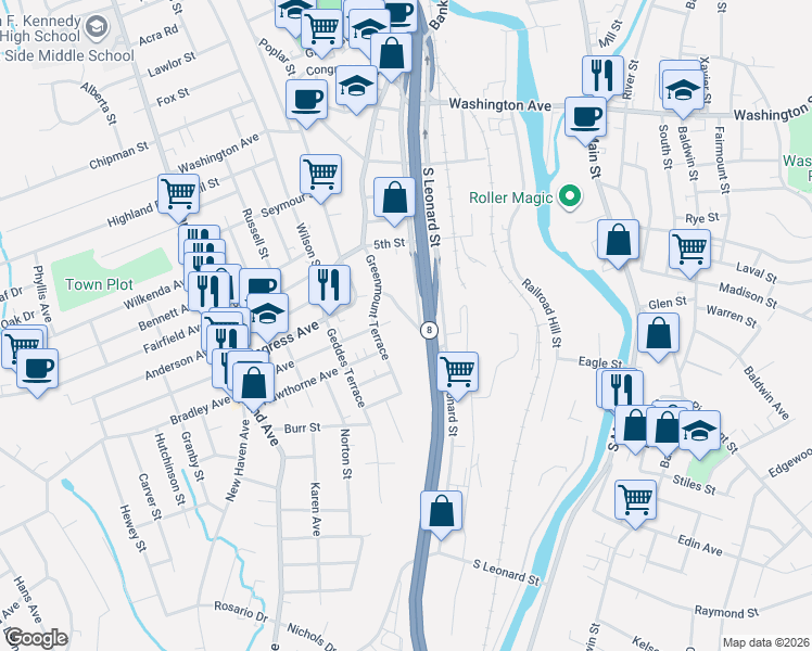 map of restaurants, bars, coffee shops, grocery stores, and more near 46 Saint Jean Street in Waterbury