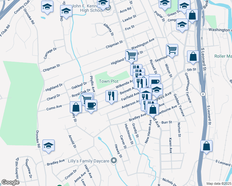 map of restaurants, bars, coffee shops, grocery stores, and more near 117 Wilkenda Avenue in Waterbury