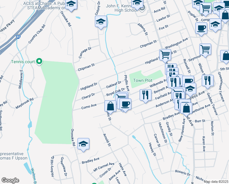 map of restaurants, bars, coffee shops, grocery stores, and more near 79 Royal Oak Drive in Waterbury