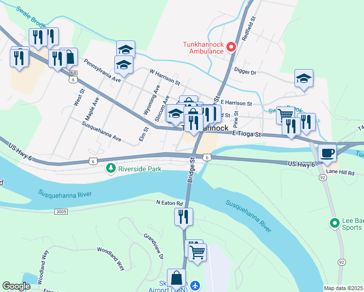 map of restaurants, bars, coffee shops, grocery stores, and more near 72 Warren Street in Tunkhannock