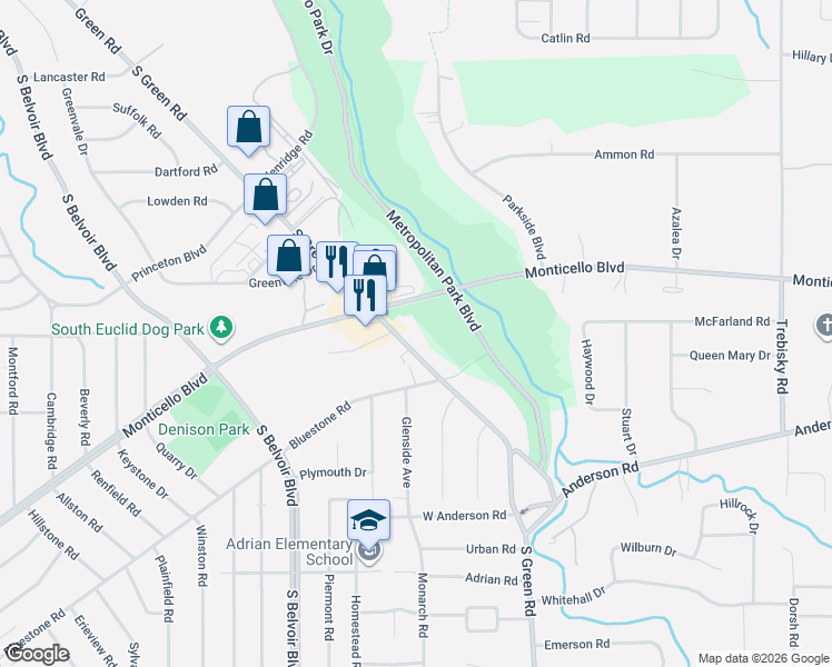 map of restaurants, bars, coffee shops, grocery stores, and more near 4320 Monticello Boulevard in South Euclid