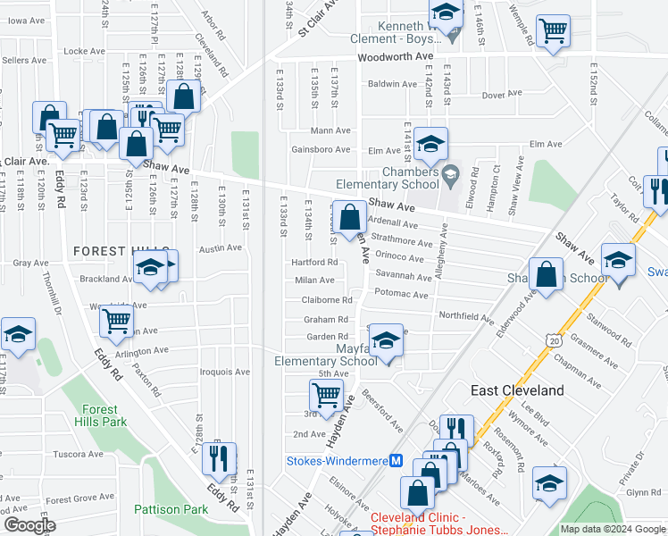 map of restaurants, bars, coffee shops, grocery stores, and more near 1476 East 135th Street in East Cleveland