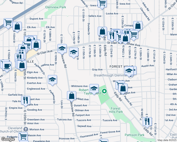 map of restaurants, bars, coffee shops, grocery stores, and more near 707 East 115th Street in Cleveland