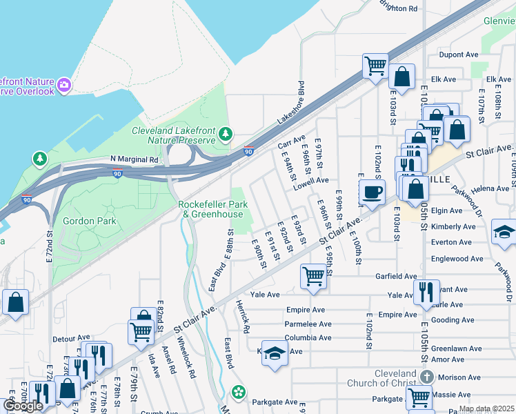 map of restaurants, bars, coffee shops, grocery stores, and more near 676 East 92nd Street in Cleveland