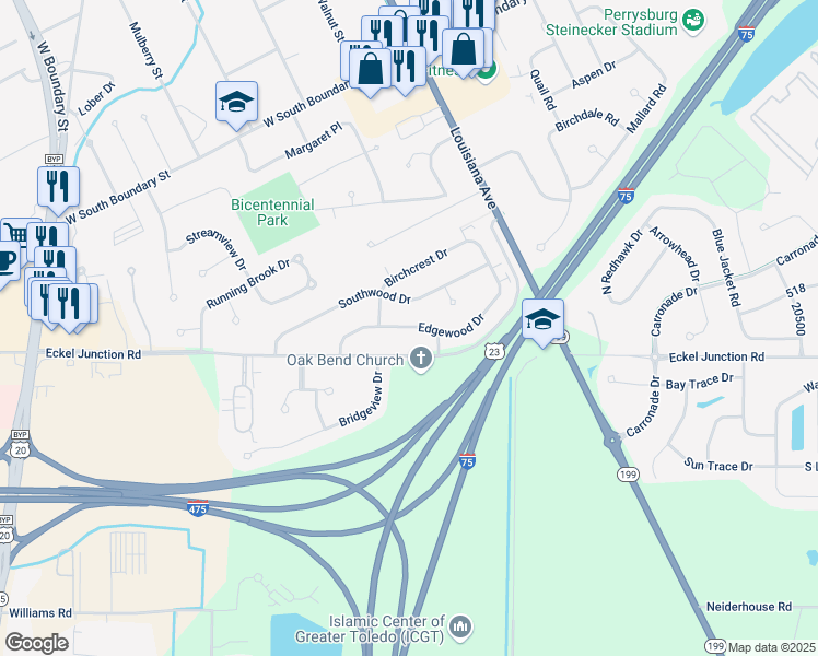 map of restaurants, bars, coffee shops, grocery stores, and more near 265 Southwood Drive in Perrysburg