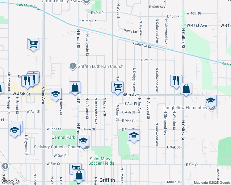 map of restaurants, bars, coffee shops, grocery stores, and more near 920 North Wood Street in Griffith