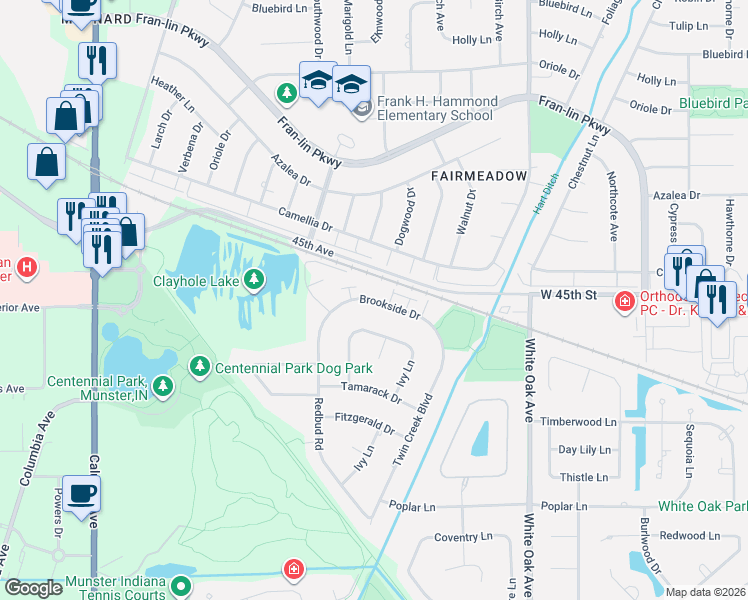 map of restaurants, bars, coffee shops, grocery stores, and more near 1331 Brookside Drive in Munster